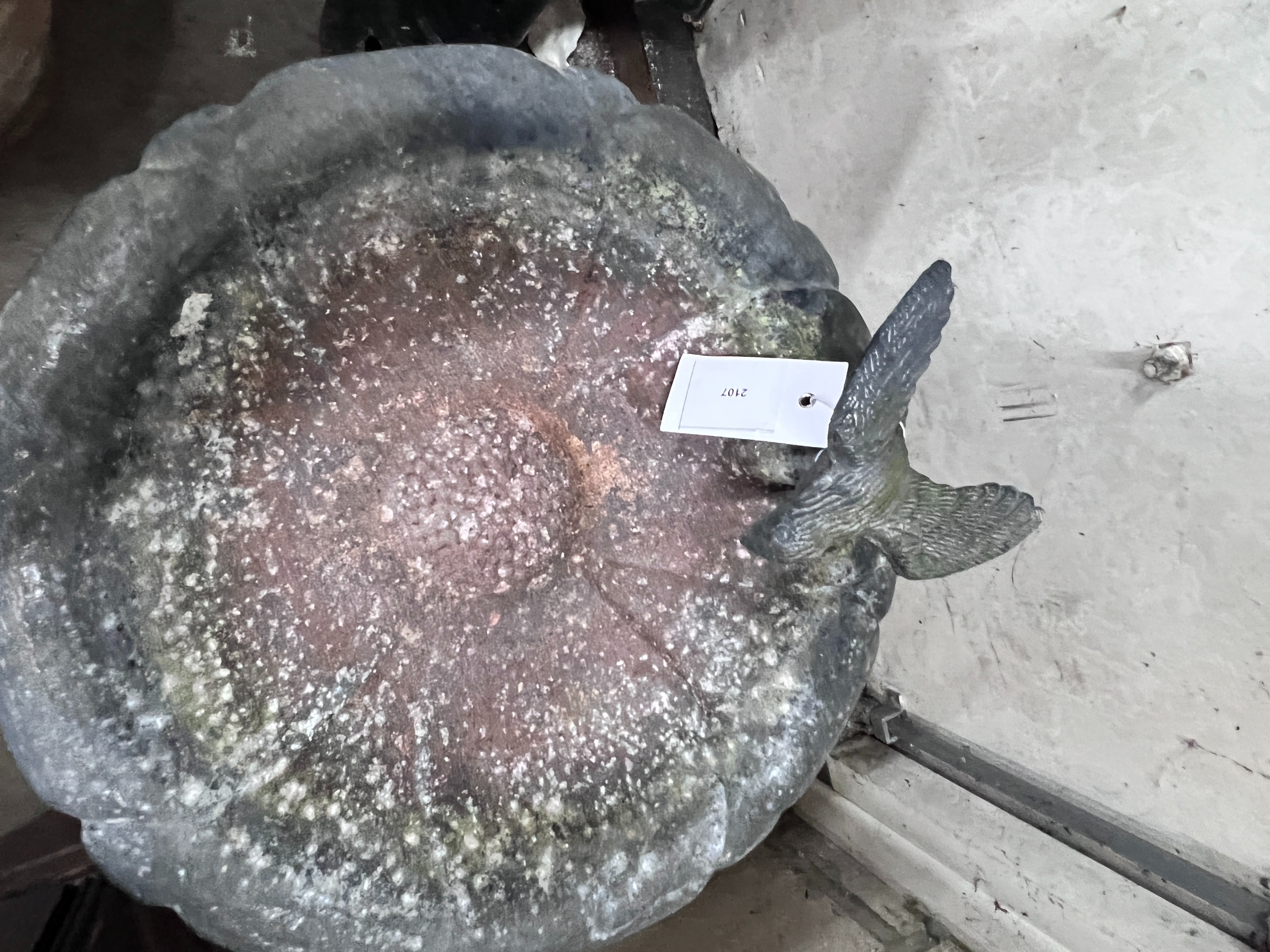 An aluminium bird bath, height 52cm together with a Victorian style water pump